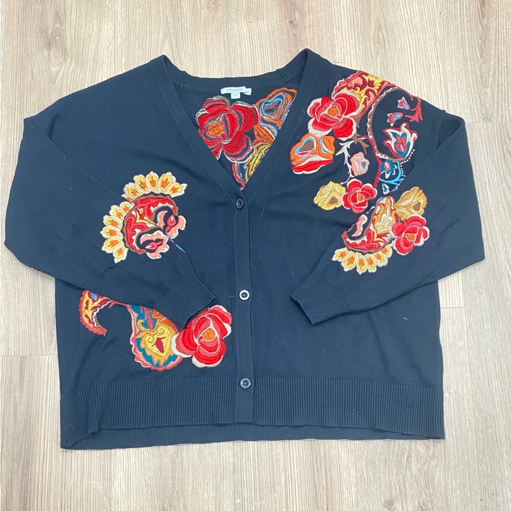 Chico's Black and Red Cardigan Sweater with Artistic Floral Design